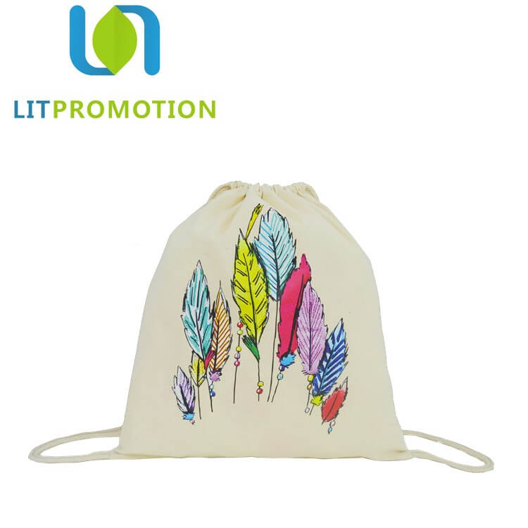 2017 cheap custom fabric printed kids gym canvas cotton drawstring bag wholesale